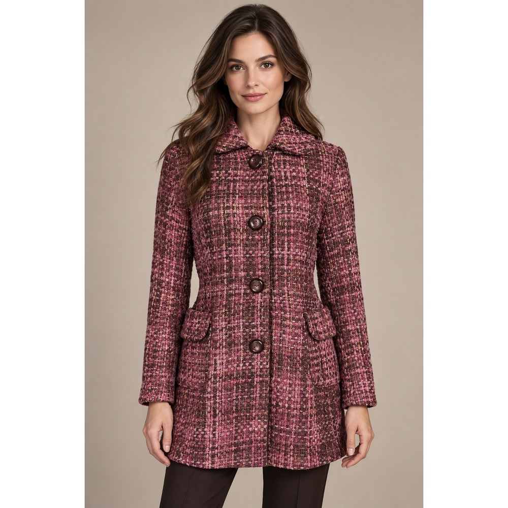 Banana Republic Pink Tweed Wool Mohair Blend Pea Coat Jacket Large Burgundy